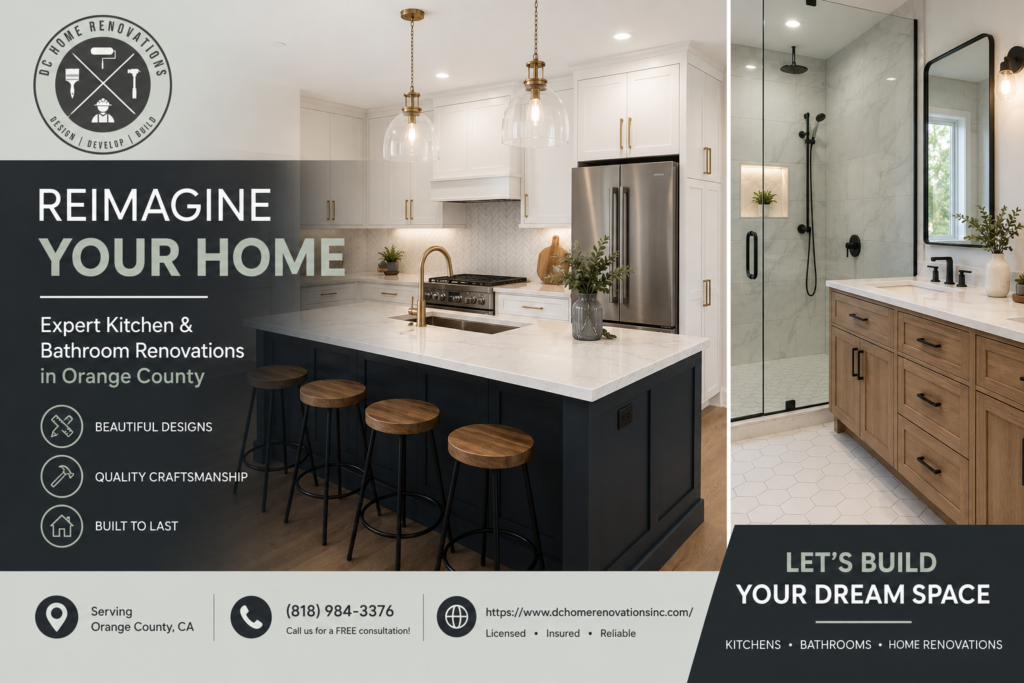 Luxury kitchen and bathroom remodel by DC Home Renovations in Orange County featuring white shaker cabinets, quartz countertops, custom cabinetry, and frameless glass shower.