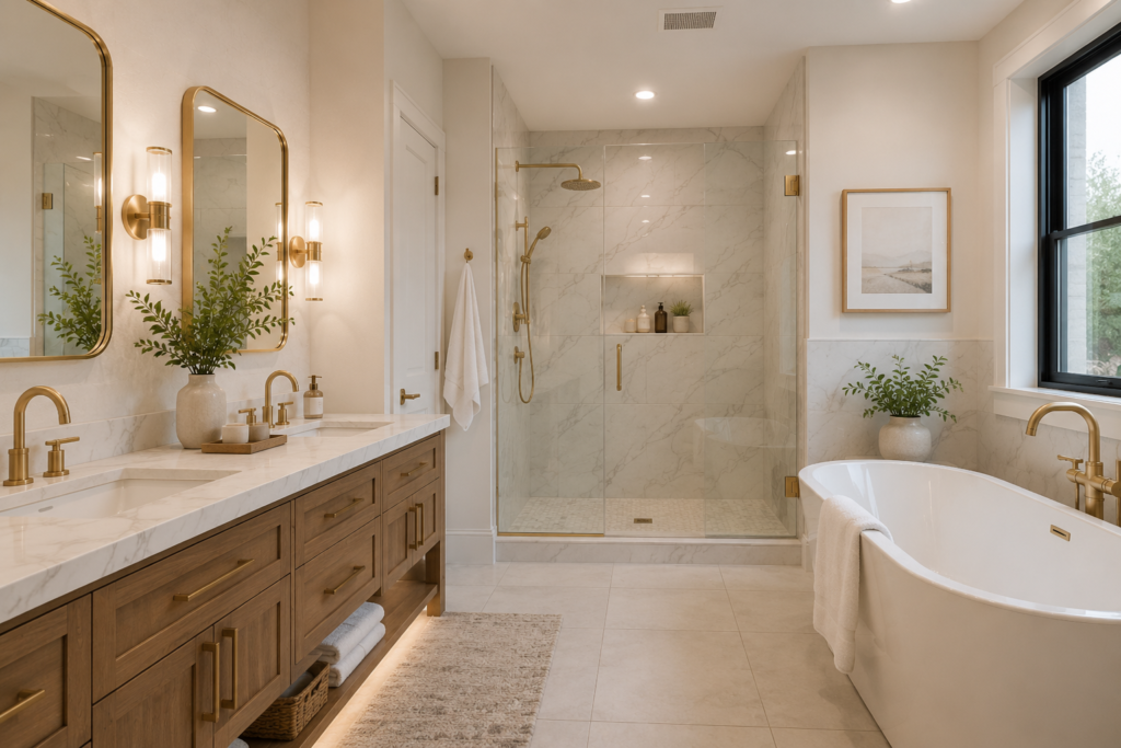 Modern bathroom remodel featuring a floating wood vanity, quartz countertop, designer mirror, LED lighting, and luxury contemporary finishes.