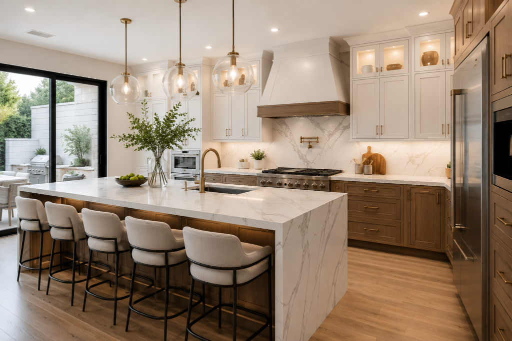 Luxury kitchen remodel in Orange County featuring white shaker cabinets, waterfall quartz island, custom cabinetry, hardwood flooring, and designer lighting.