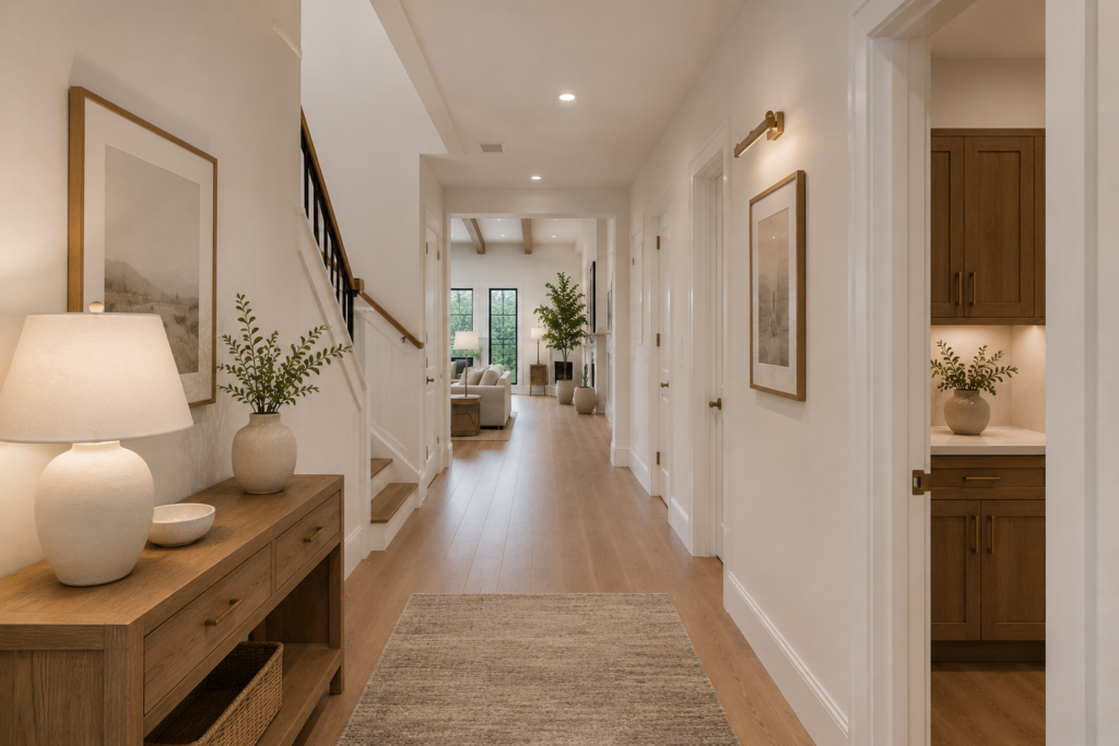 Bright modern hallway in a newly remodeled Los Angeles, home featuring white walls, recessed lighting, luxury hardwood flooring, wood staircase, and contemporary interior design.