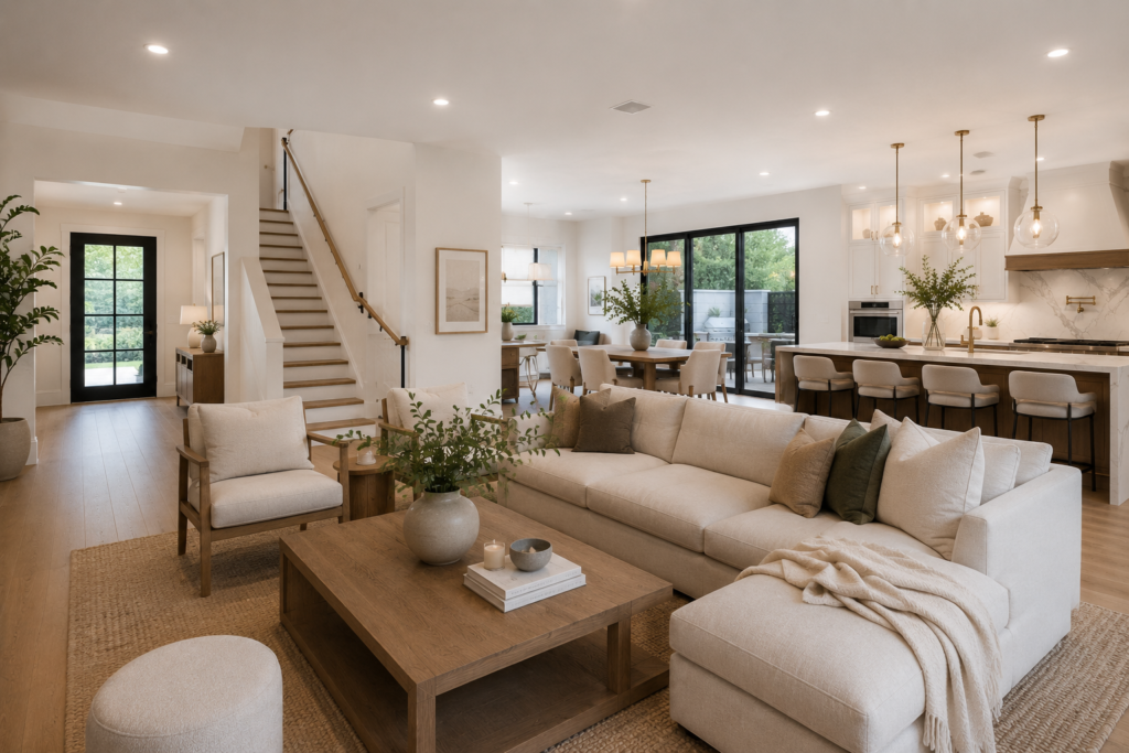 Bright modern hallway in a newly remodeled Southern California home featuring white walls, recessed lighting, luxury hardwood flooring, wood staircase, and contemporary interior design.