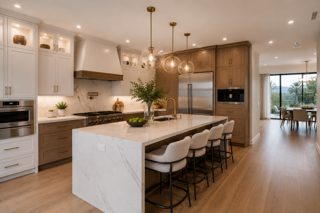 Luxury kitchen remodel in Orange County featuring white shaker cabinets, waterfall quartz island, custom cabinetry, hardwood flooring, and designer lighting.