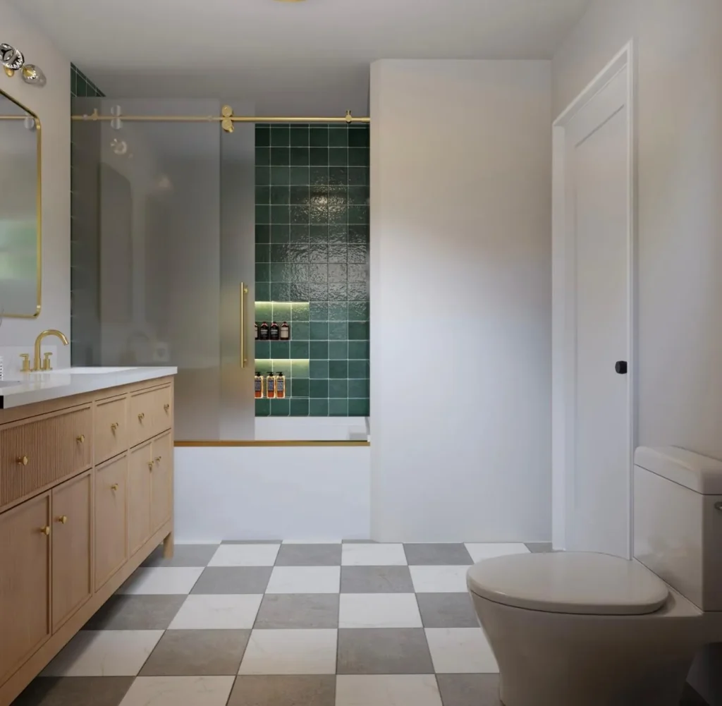 Bathroom vanity with gold fixtures, emerald green tile, and a checkerboard floor, remodeled by DC Home Renovations in Los Angeles.