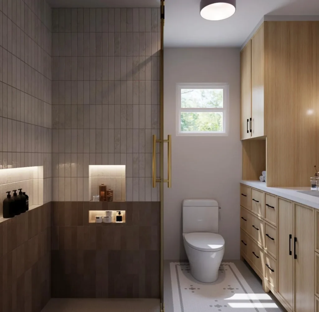 Bathroom with a wood-tiled walk-in shower and a floating wood vanity, remodeled by DC Home Renovations in Los Angeles.