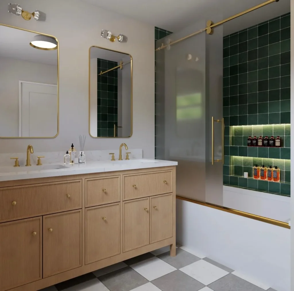 Bathroom with a wood vanity, gold fixtures, and a green tile shower, remodeled by DC Home Renovations in Los Angeles.