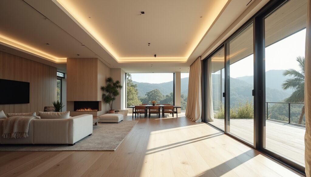 Modern living room remodel in Orange County featuring wide-plank hardwood floors, floor-to-ceiling sliding glass doors, linear fireplace, and custom LED ceiling lighting.