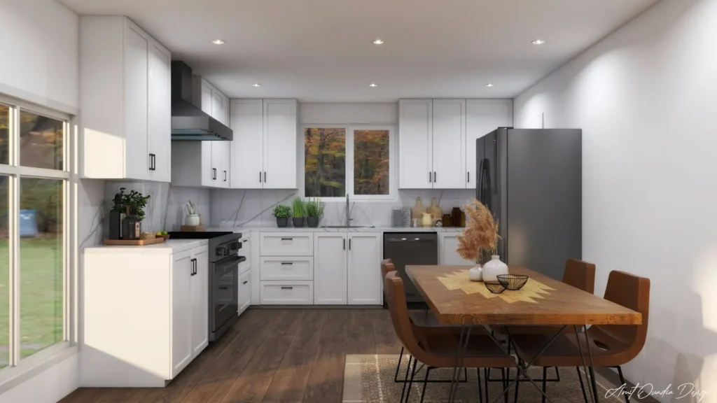 White kitchen with a wood dining table and stainless appliances, remodeled by DC Home Renovations in Los Angeles.