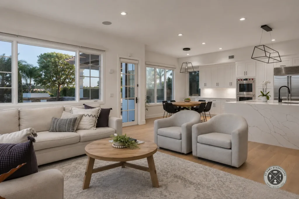 Staged open living and kitchen space with a sofa and round coffee table, remodeled by DC Home Renovations in Los Angeles.